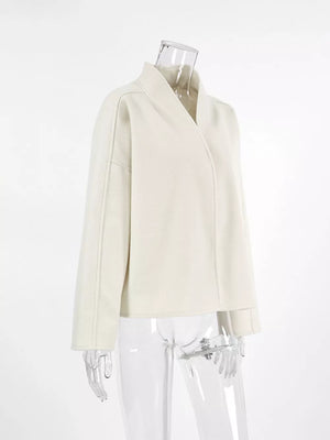 Elegant Stand Collar Open Front Outerwear in White, alternate angle