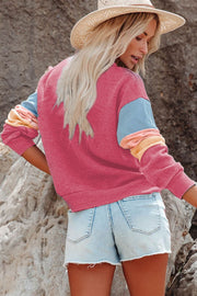 Chic Color Pop Pullover sweatshirt in Dusty Pink with colorblock sleeves in French Blue and pastel shades.
