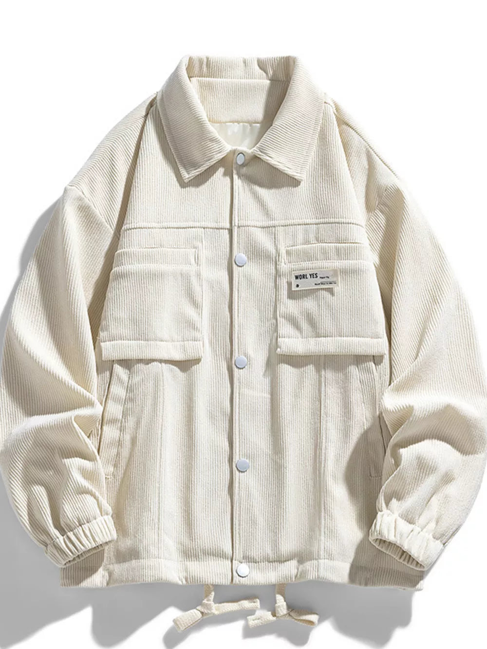 Classic corduroy button-down jacket in apricot with chest pockets and drawstring hem.
