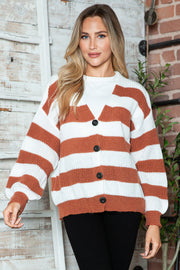 Chunky stripe acrylic cardigan with balloon sleeves and buttons, in brown and white.