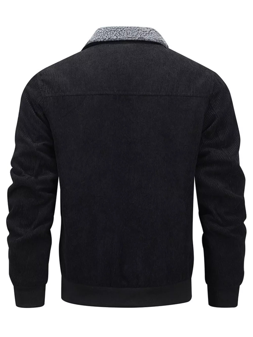 Men's black corduroy sherpa collar bomber jacket with ribbed cuffs and hem.