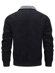Men's black corduroy sherpa collar bomber jacket with ribbed cuffs and hem.