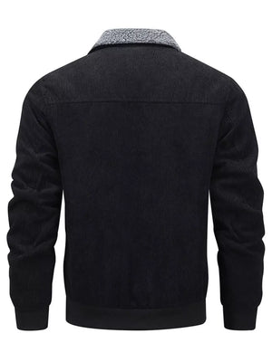 Men's black corduroy sherpa collar bomber jacket with ribbed cuffs and hem.