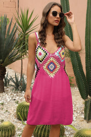 Hot Pink maxi dress with crochet yoke and V-neckline.