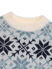 Light blue crewneck sweater with snowflake fair isle pattern, acrylic knit.