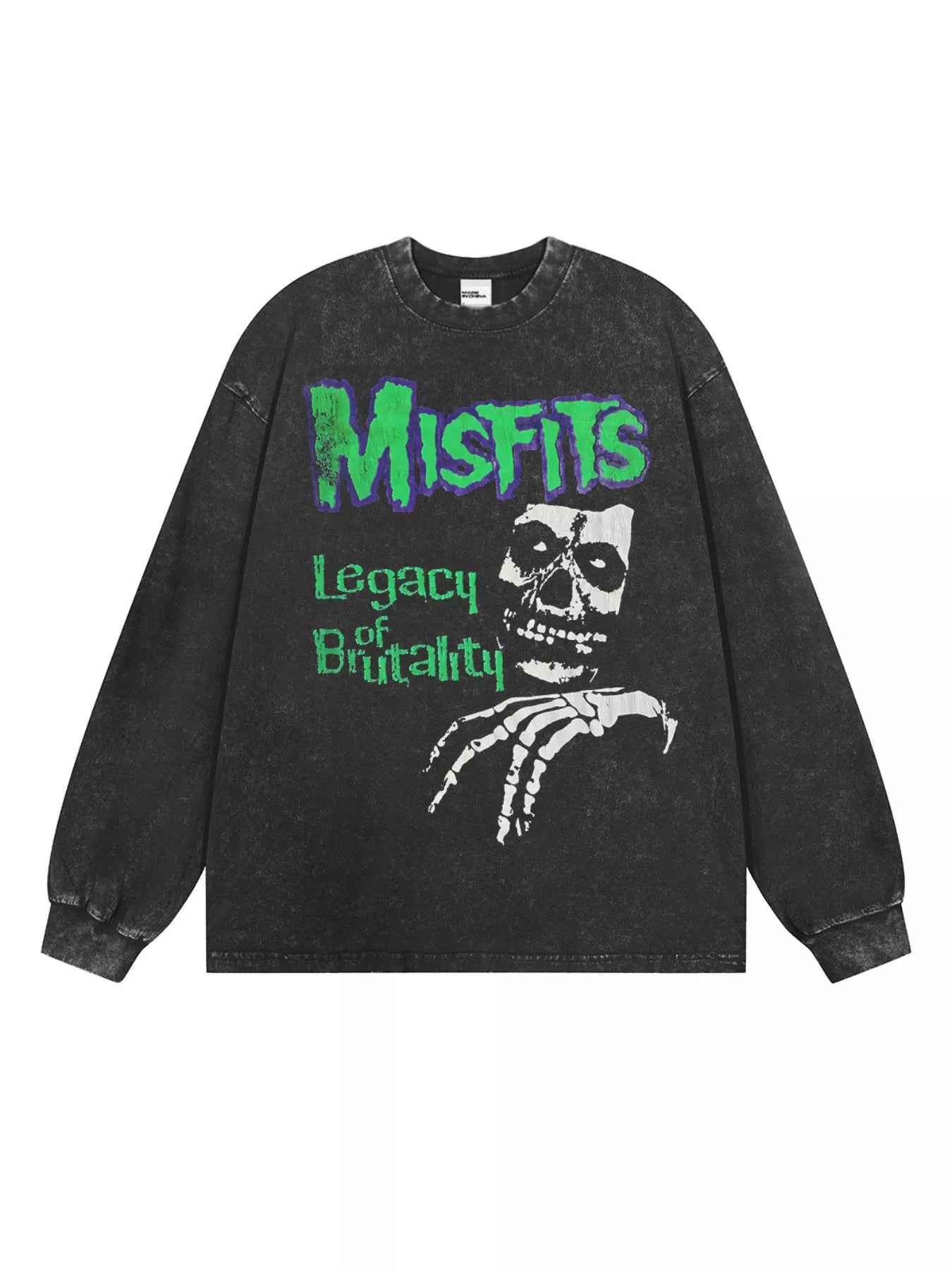 Dark Gray oversized long-sleeve sweatshirt with Misfits skull graphic and text.