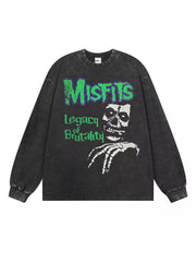 Dark Gray oversized long-sleeve sweatshirt with Misfits skull graphic and text.