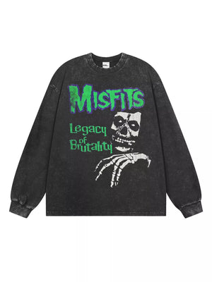 Dark Gray oversized long-sleeve sweatshirt with Misfits skull graphic and text.