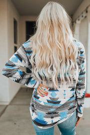 Southwestern print button-down blouse in Azure with geometric patterns.