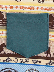 Children's cotton tee with western print and teal pocket detail.