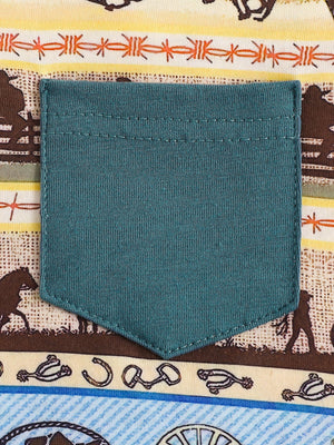 Children's cotton tee with western print and teal pocket detail.