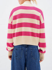 Cropped stripe knit cardigan in pink and cream acrylic with a high neck and ribbed cuffs.