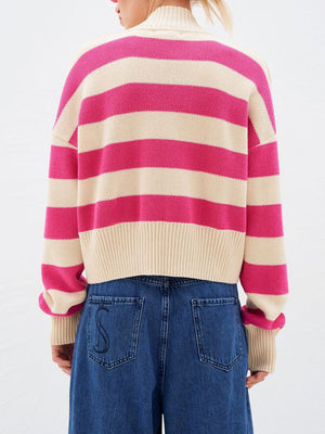 Cropped stripe knit cardigan in pink and cream acrylic with a high neck and ribbed cuffs.