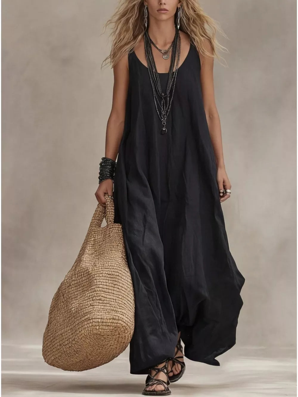 Black scoop neck maxi dress with spaghetti straps and flowing skirt.
