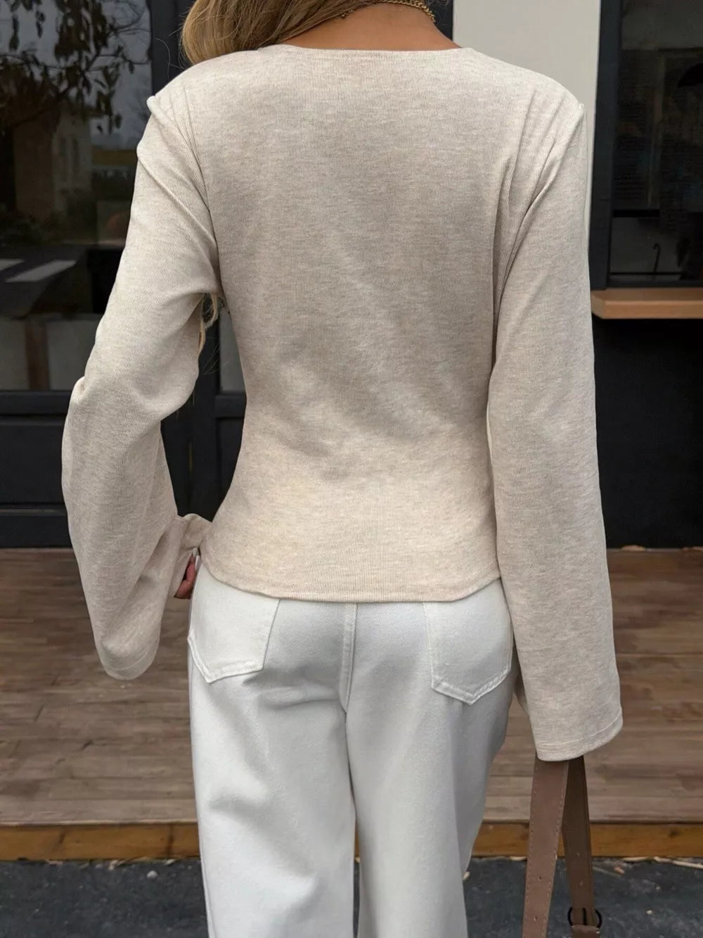 Elegant V-neck Wrap Asymmetrical Blouse in Milky White, view 14