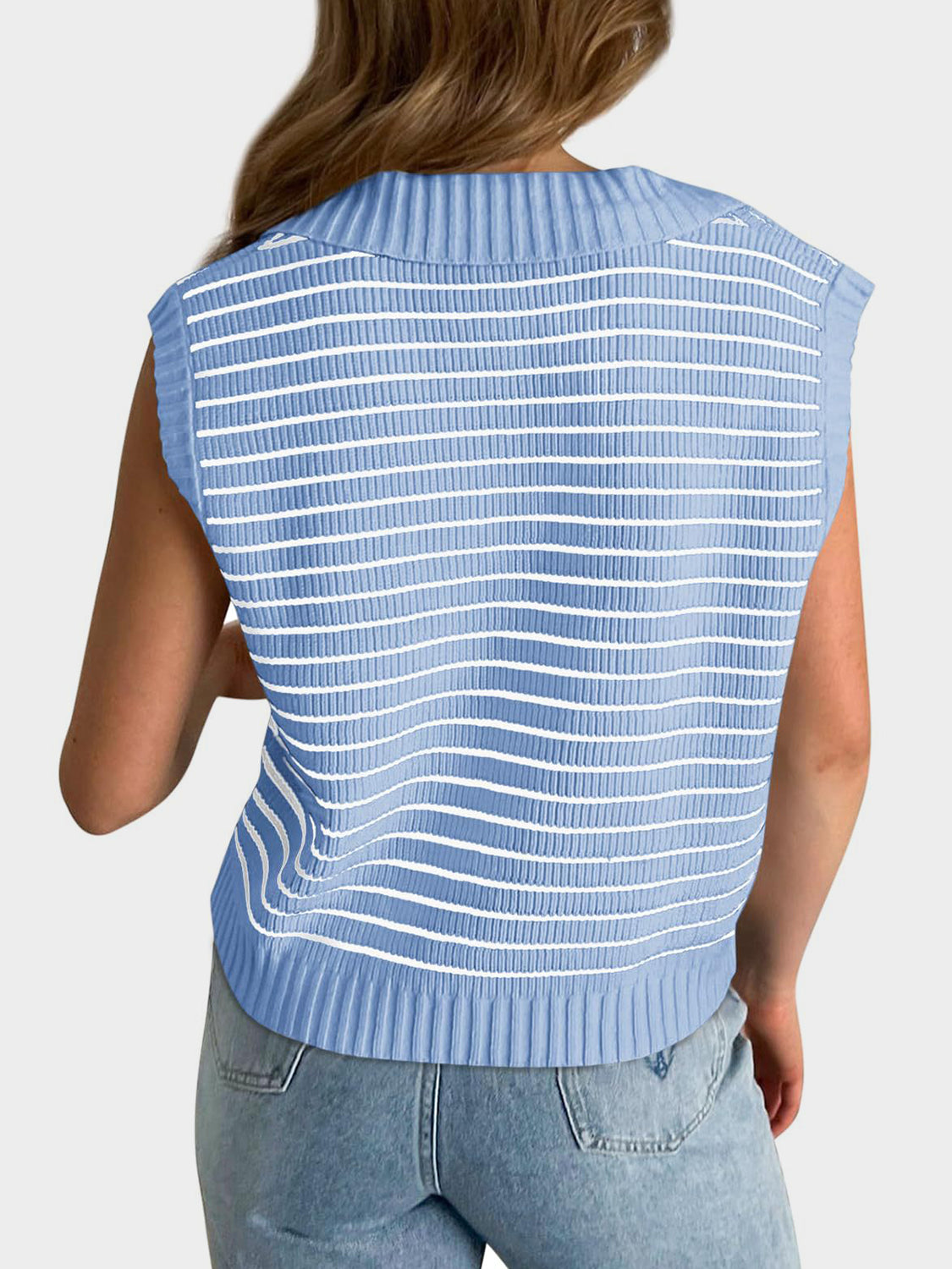 Light blue ribbed knit polo vest with white horizontal stripes and a collared neckline.