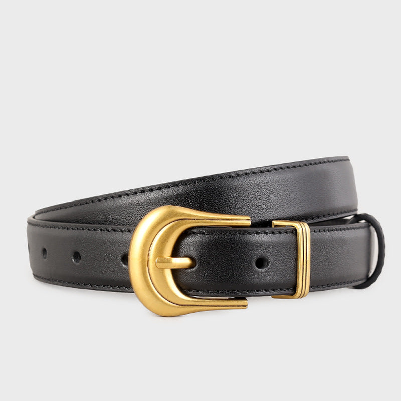 Black cowhide leather belt with antique gold buckle and keeper.