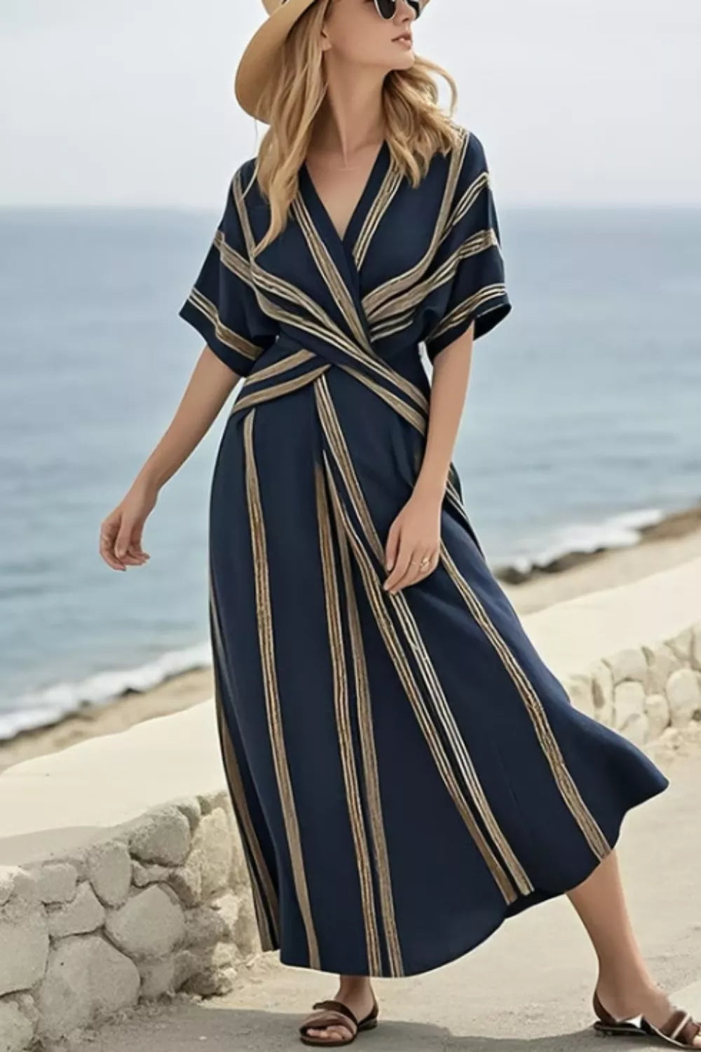 Dark Navy striped wrap maxi dress with V-neck and short sleeves.