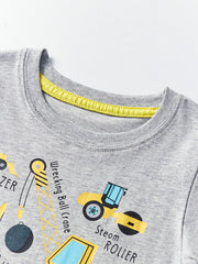 Light gray cotton crew neck t-shirt with construction vehicle print and yellow neck trim.