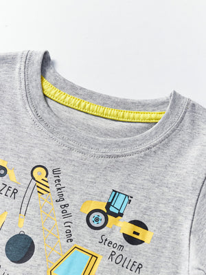 Light gray cotton crew neck t-shirt with construction vehicle print and yellow neck trim.