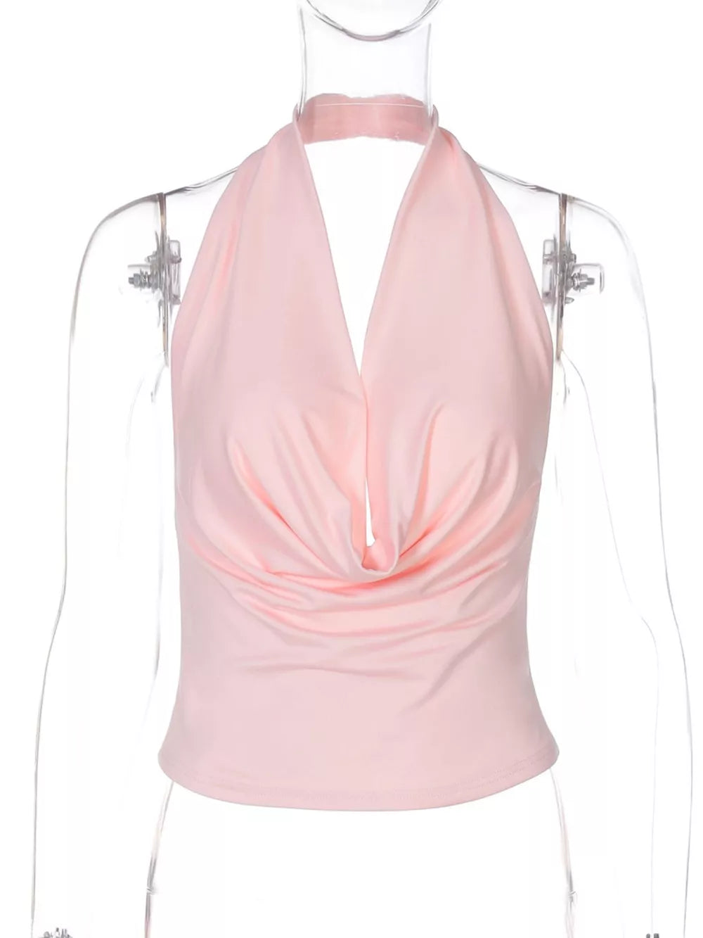 Pink halter ruched cami top with cowl neckline
