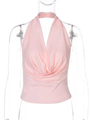 Pink halter ruched cami top with cowl neckline