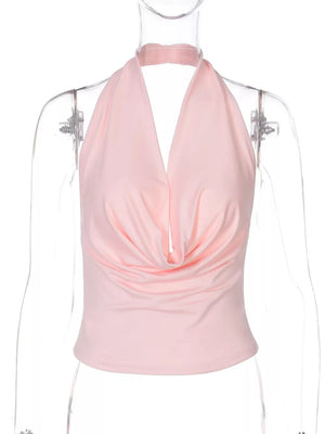 Pink halter ruched cami top with cowl neckline