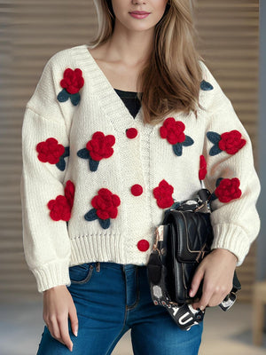 Cream knit cardigan with red rose appliqués and buttons, V-neck, long sleeves