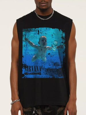 Black Nirvana Nevermind graphic tank top with album art print.