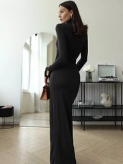 Black turtleneck maxi dress with tie detail and long sleeves, shown from the back.