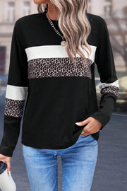 Colorblock leopard panel tee with white stripe detail and crew neck.