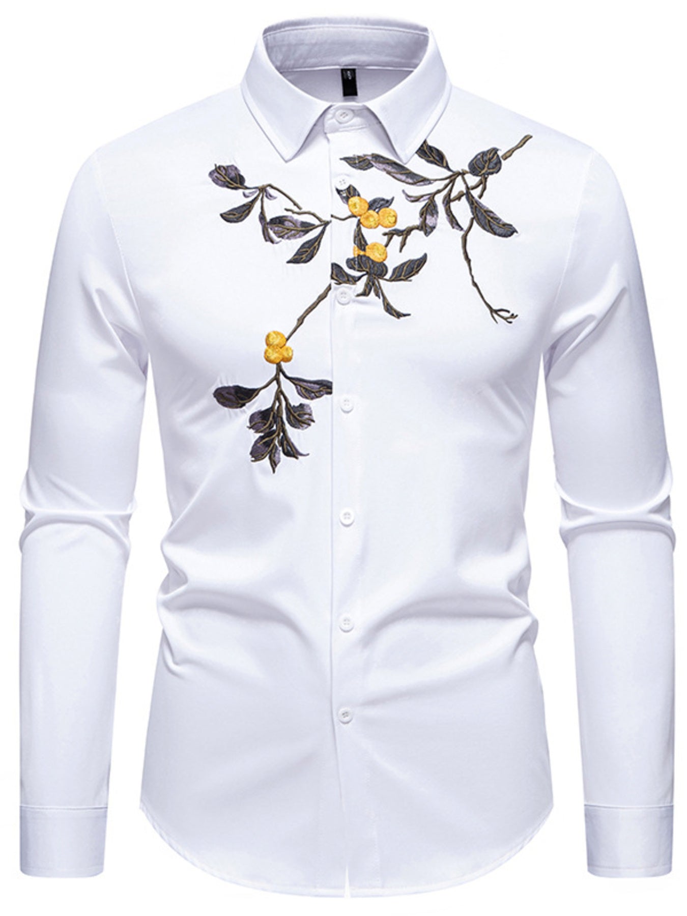 Men's white cotton button-down shirt with embroidered floral branch detail.