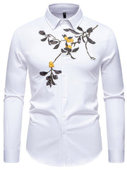 Men's white cotton button-down shirt with embroidered floral branch detail.