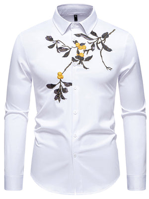 Men's white cotton button-down shirt with embroidered floral branch detail.