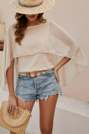 Dotted Swiss cape sleeve blouse in khaki with a round neckline.