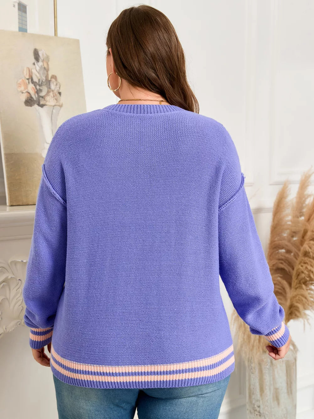 Plus size lavender knit sweater with striped cuffs and hem