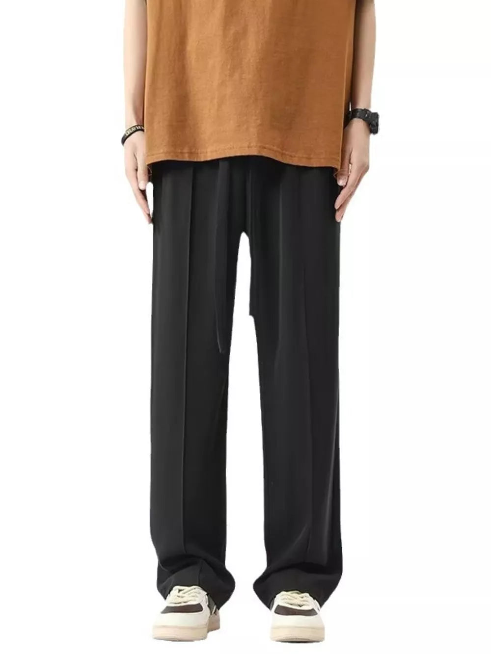 Men's black wide leg sweatpants with drawstring waist and pleats