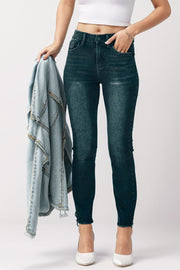 Black faded wash high-rise jeans with raw hem detail.