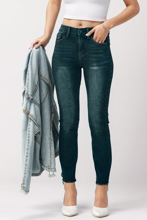 Black faded wash high-rise jeans with raw hem detail.
