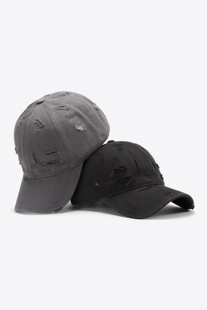 Distressed baseball caps in mid gray and black with adjustable strap