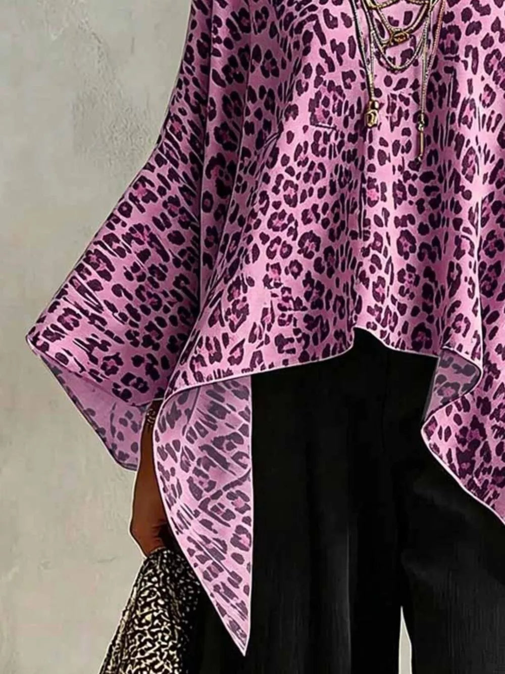 Full Size Leopard Print Asymmetrical Hem Top in Yellow, fabric detail