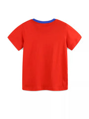 Children's red t-shirt with blue collar and short sleeves.