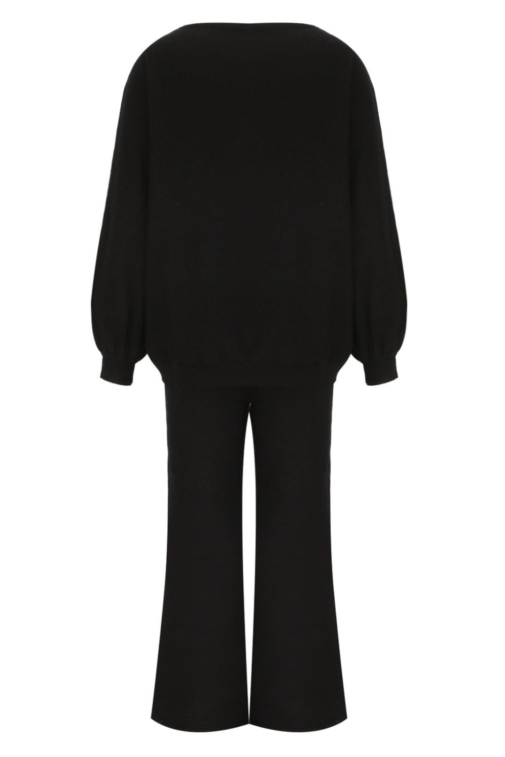 Black loungewear set with balloon sleeves and wide-leg pants.