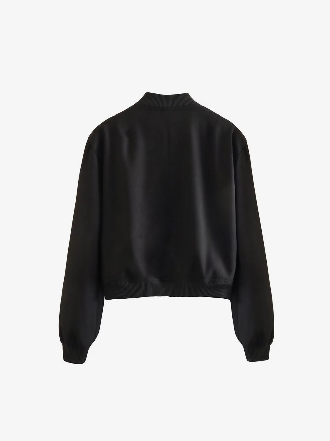 Black boxy bomber jacket with ribbed collar, cuffs, and hem.
