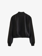 Black boxy bomber jacket with ribbed collar, cuffs, and hem.