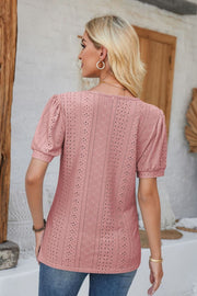 Dusty Pink perforated puff sleeve henley blouse with eyelet detail.