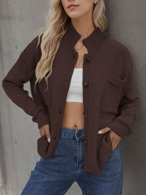 Stand collar knit cardigan in coffee brown with button front and chest pocket