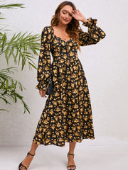 Black floral print midi dress with sweetheart neckline and slit front