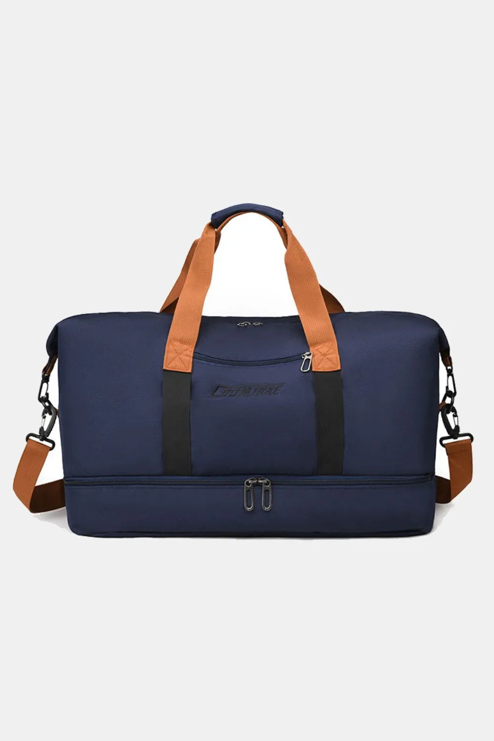 Dark Navy duffel bag with dual handles, adjustable strap, and a zippered bottom compartment.
