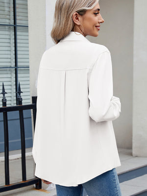 White utility crepe shirt with tie detail, featuring a relaxed fit and button cuffs.